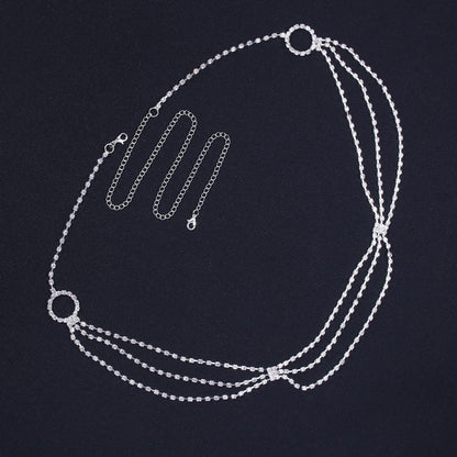 Women's Silver Alloy Waist Chain With Geometric Pattern And Electroplated Finish, Featuring Rhinestones