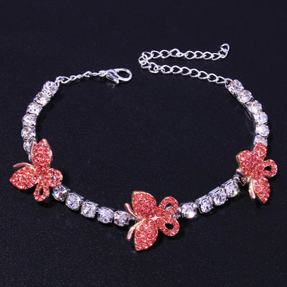 Silver Hip-Hop Alloy Anklet For Women With Butterfly Pattern And Artificial Gemstones Inlay