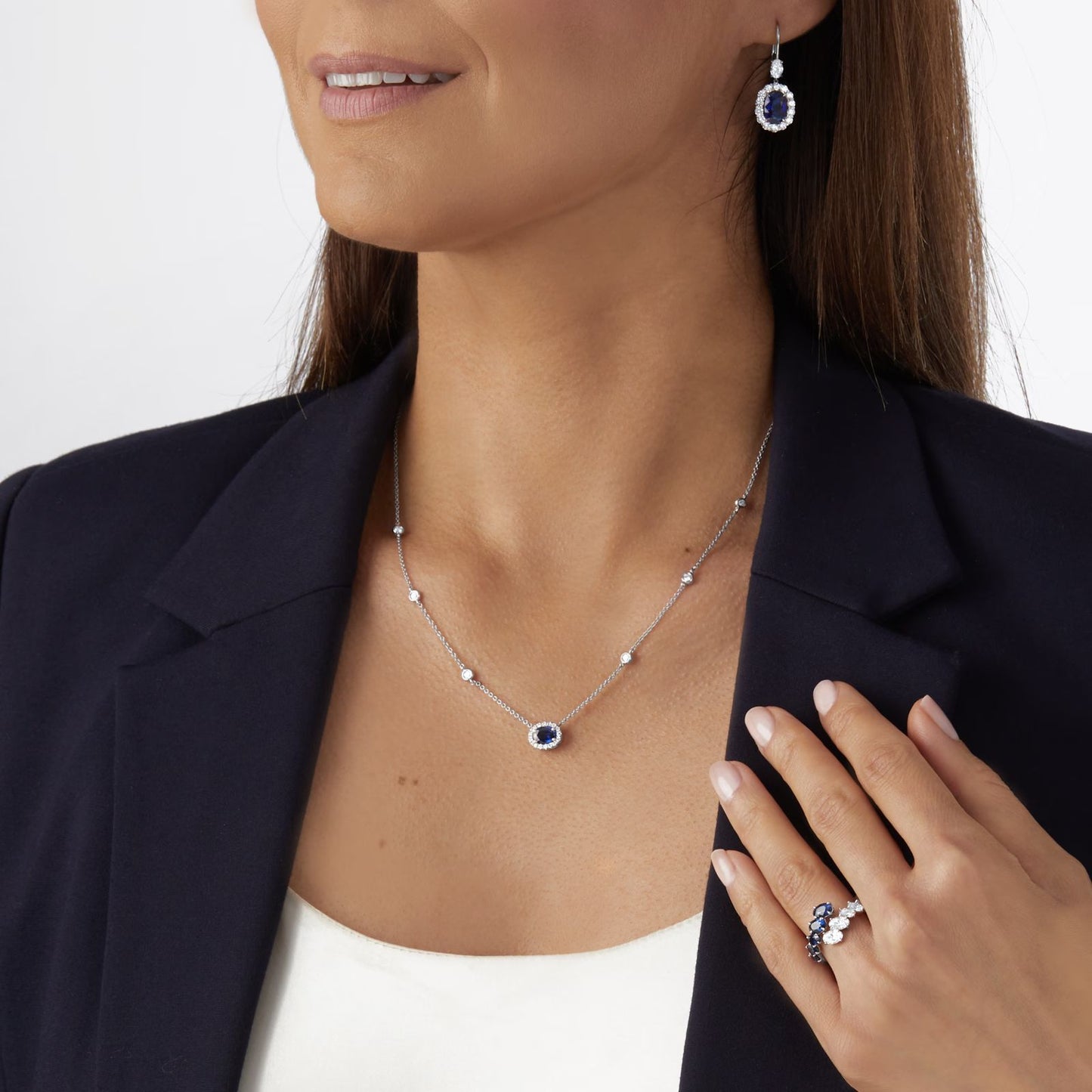 Geometric Silver Alloy Choker With Electroplated Finish And Rhinestone September Birthstone Sapphire Pendant For Women