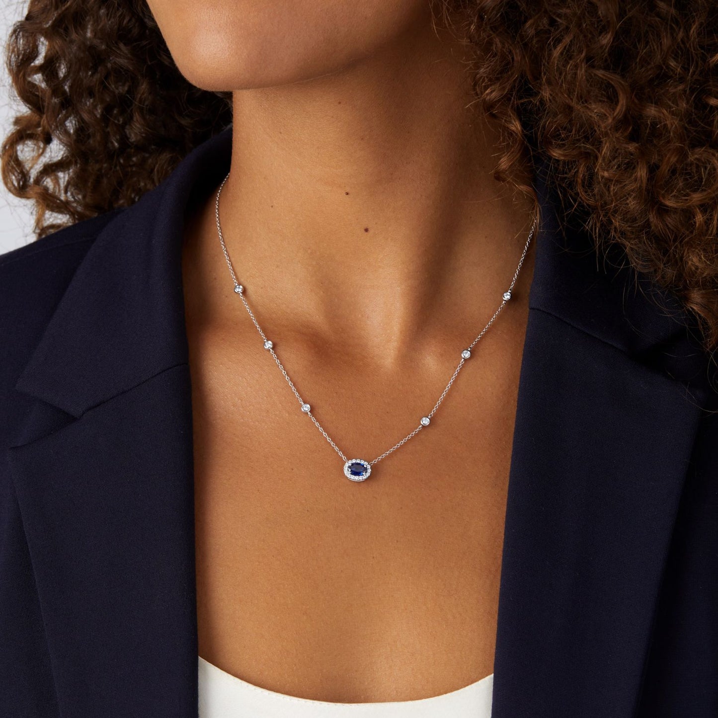 Geometric Silver Alloy Choker With Electroplated Finish And Rhinestone September Birthstone Sapphire Pendant For Women