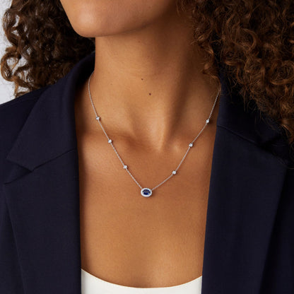 Geometric Silver Alloy Choker With Electroplated Finish And Rhinestone September Birthstone Sapphire Pendant For Women