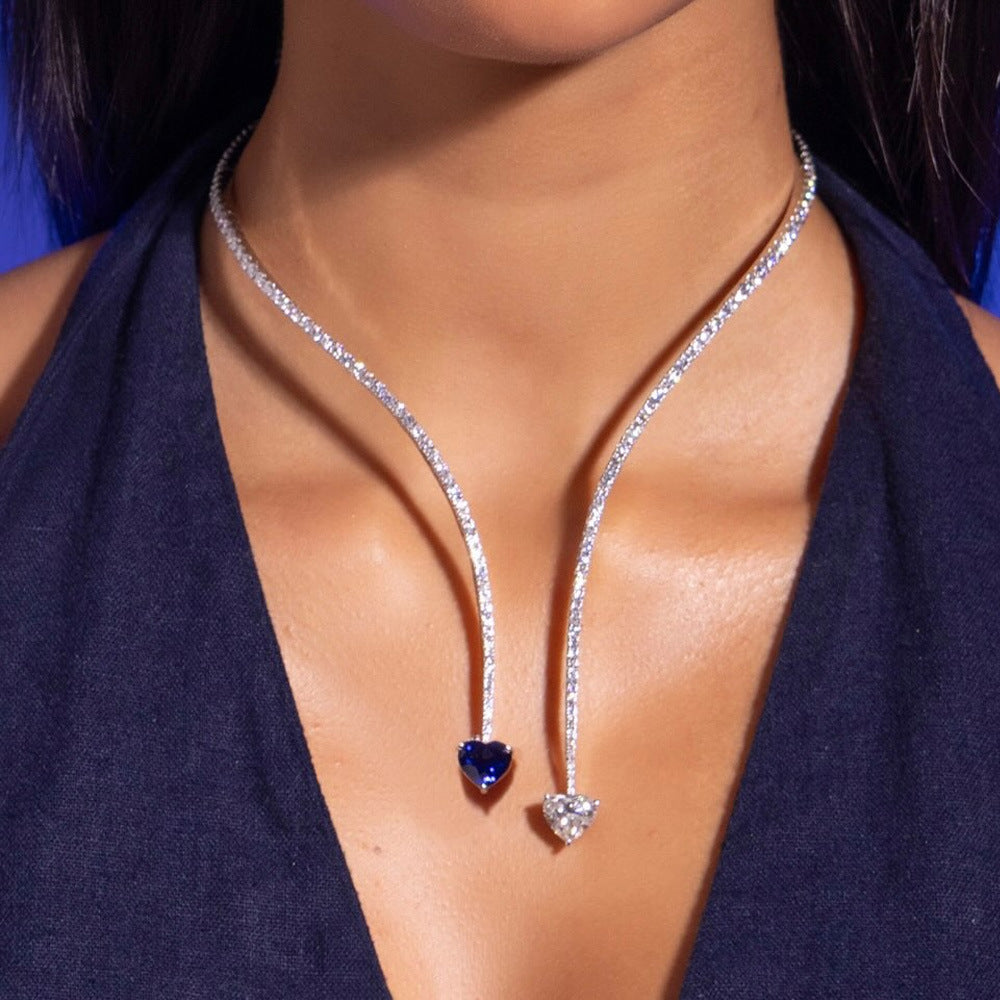 Heart Shape Tassel Choker Necklace For Women In Silver Alloy With Rhinestone Pendant