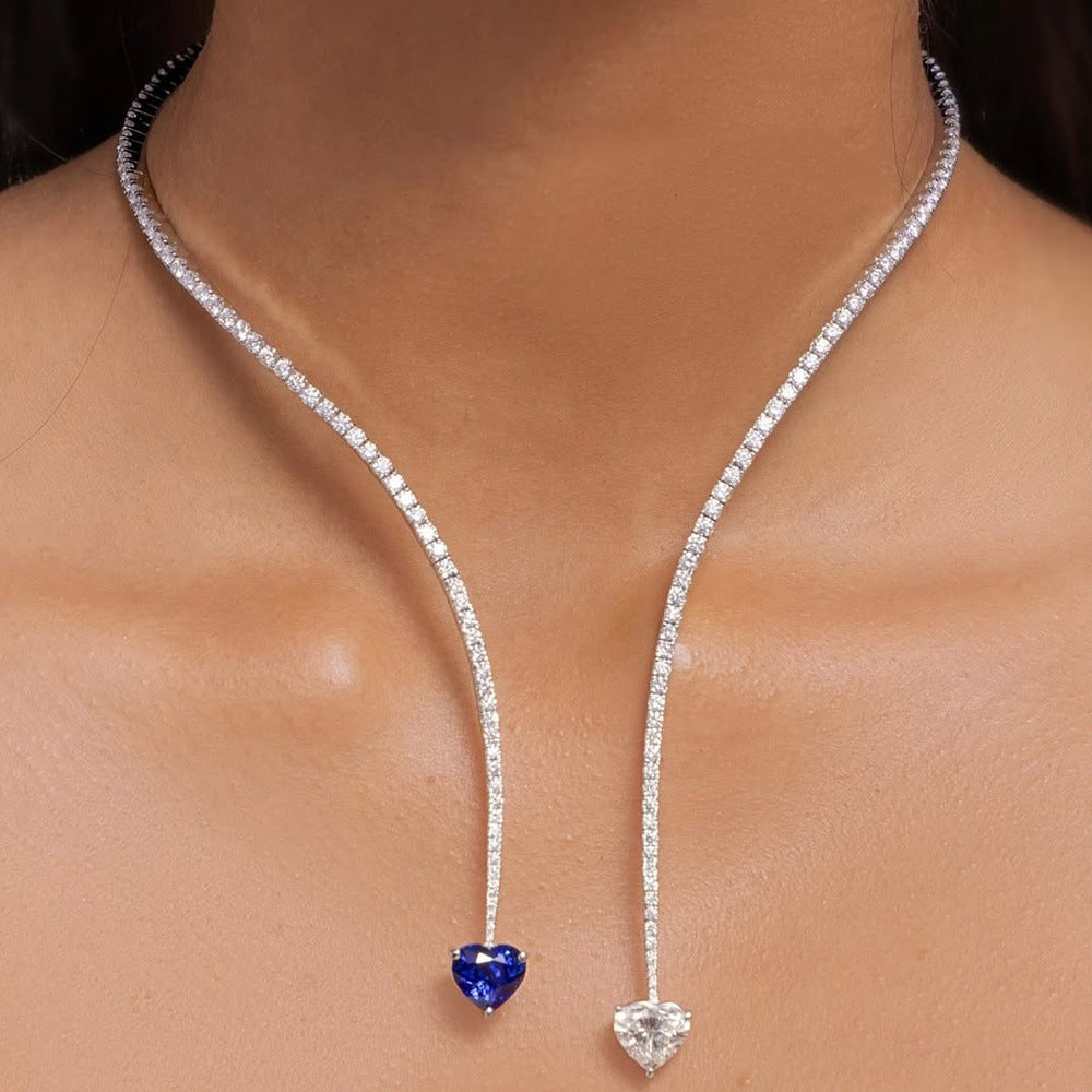 Heart Shape Tassel Choker Necklace For Women In Silver Alloy With Rhinestone Pendant