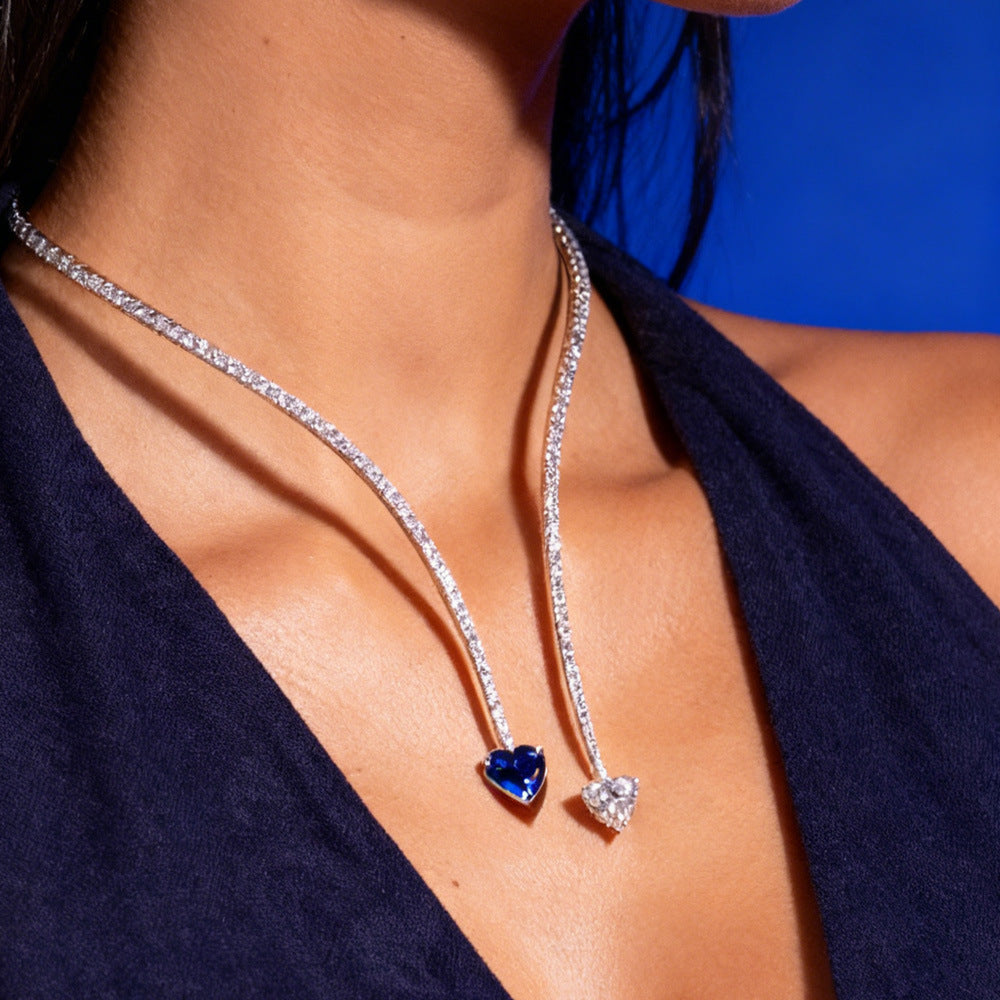 Heart Shape Tassel Choker Necklace For Women In Silver Alloy With Rhinestone Pendant
