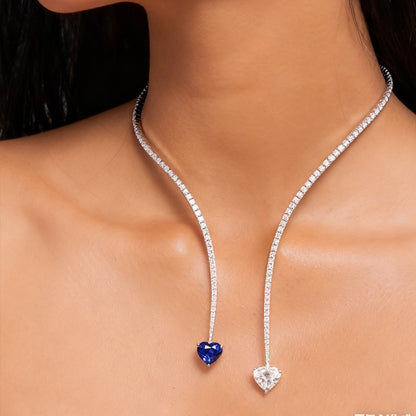 Heart Shape Tassel Choker Necklace For Women In Silver Alloy With Rhinestone Pendant