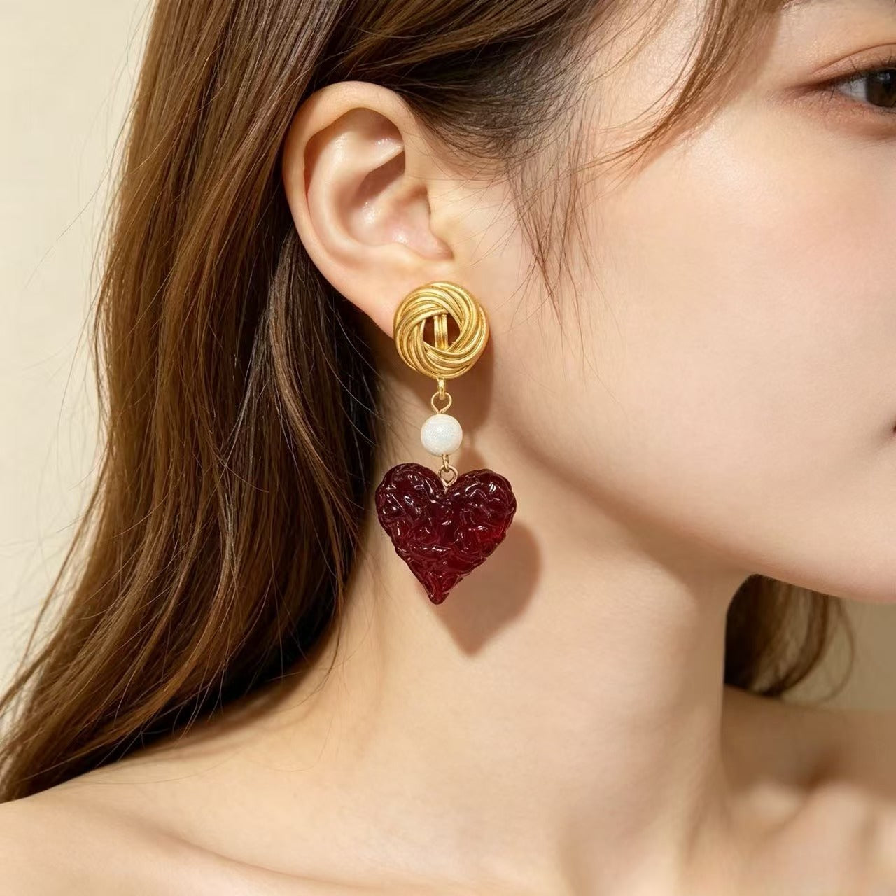 Heart Shape Stud Earrings For Women In Wine Red Alloy With Silver Plated Finish And 925 Sterling Silver Posts