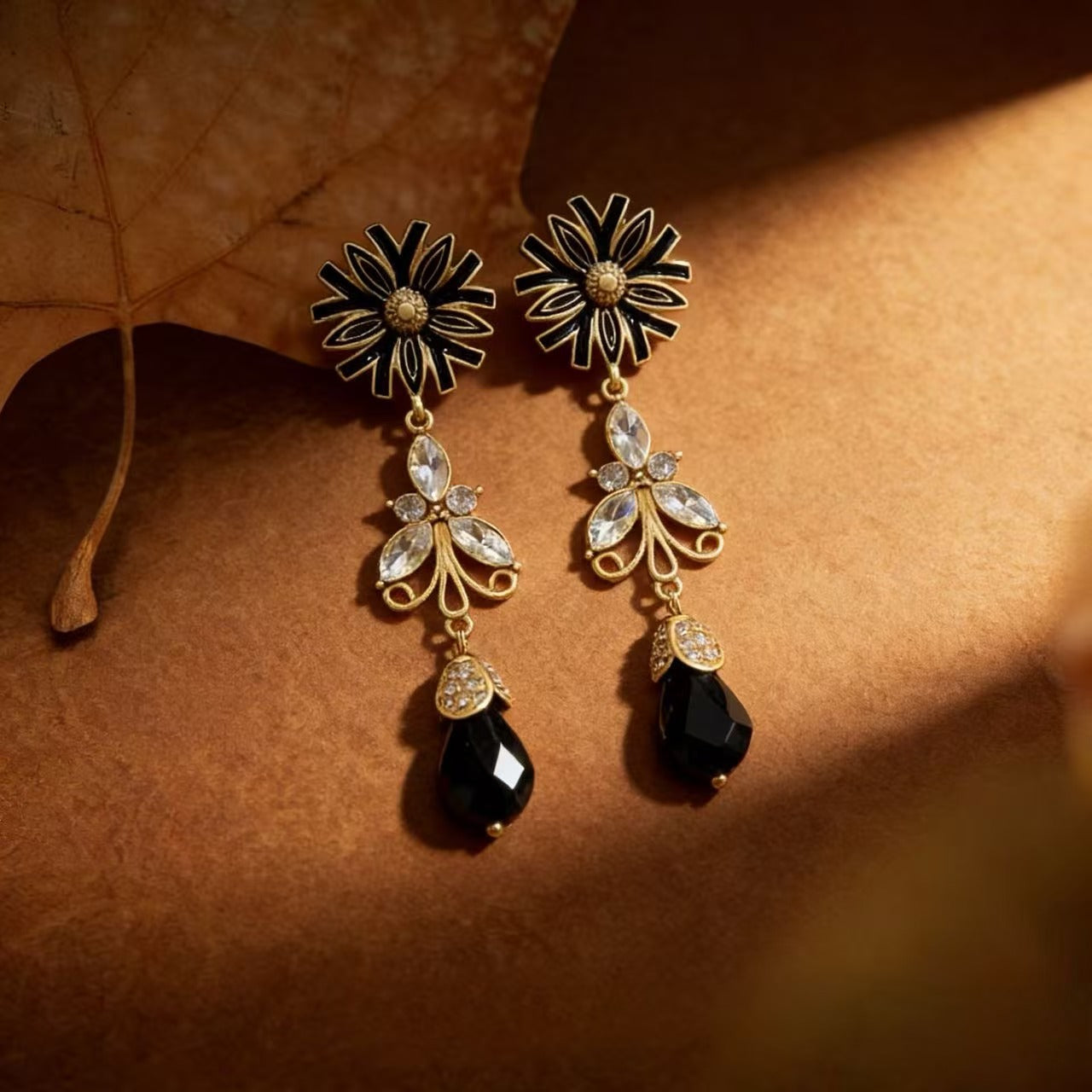 Unisex Flowers Earrings For Stud Featuring Dyed Black Zinc Alloy With Rhinestones And 925 Sterling Silver Ear Pins