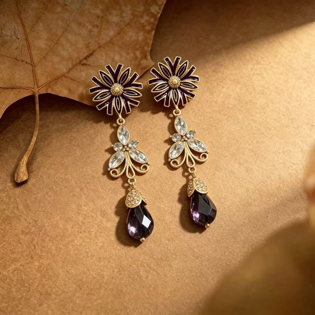 Unisex Flowers Earrings For Stud Featuring Dyed Black Zinc Alloy With Rhinestones And 925 Sterling Silver Ear Pins