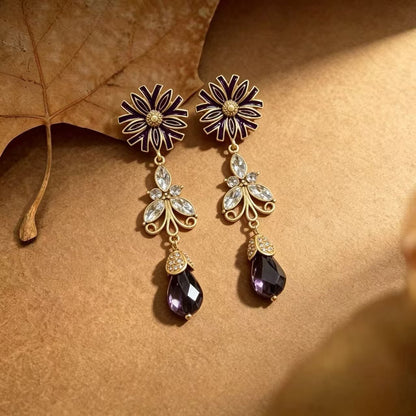 Unisex Flowers Earrings For Stud Featuring Dyed Black Zinc Alloy With Rhinestones And 925 Sterling Silver Ear Pins
