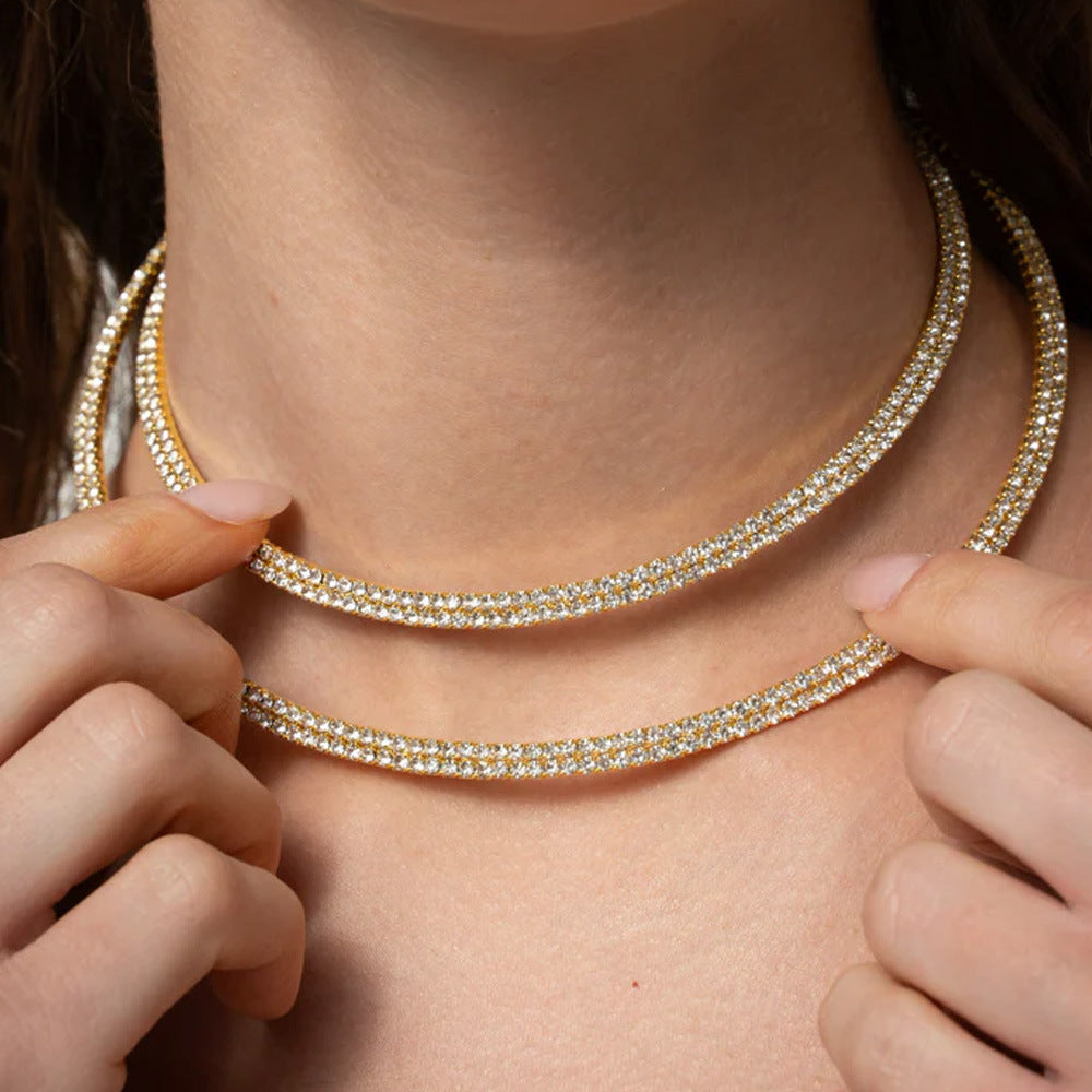 Geometric Alloy Choker With Rhinestone Pendant, Unisex Fashion Necklace