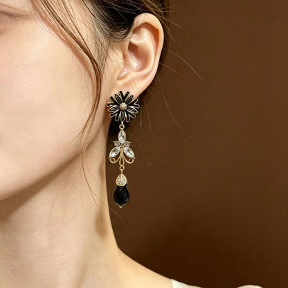 Unisex Flowers Earrings For Stud Featuring Dyed Black Zinc Alloy With Rhinestones And 925 Sterling Silver Ear Pins