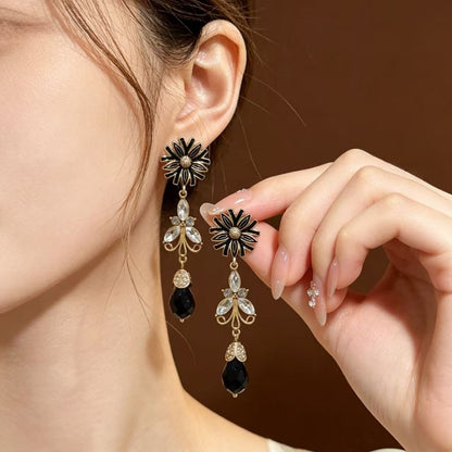Unisex Flowers Earrings For Stud Featuring Dyed Black Zinc Alloy With Rhinestones And 925 Sterling Silver Ear Pins