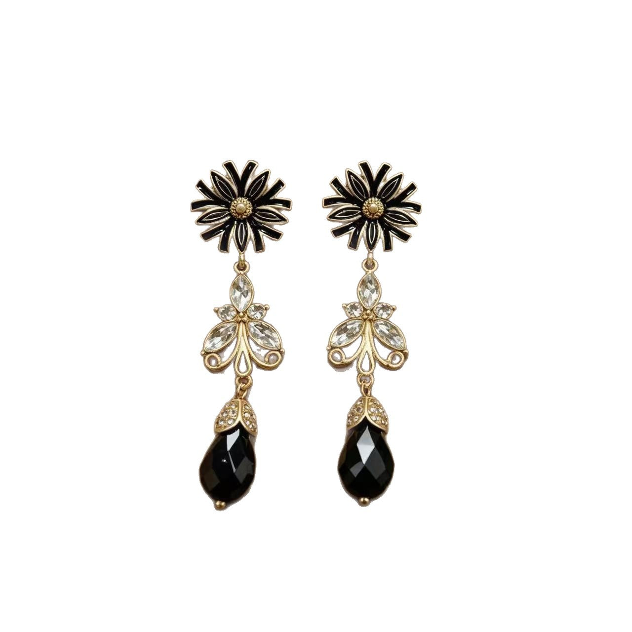 Unisex Flowers Earrings For Stud Featuring Dyed Black Zinc Alloy With Rhinestones And 925 Sterling Silver Ear Pins