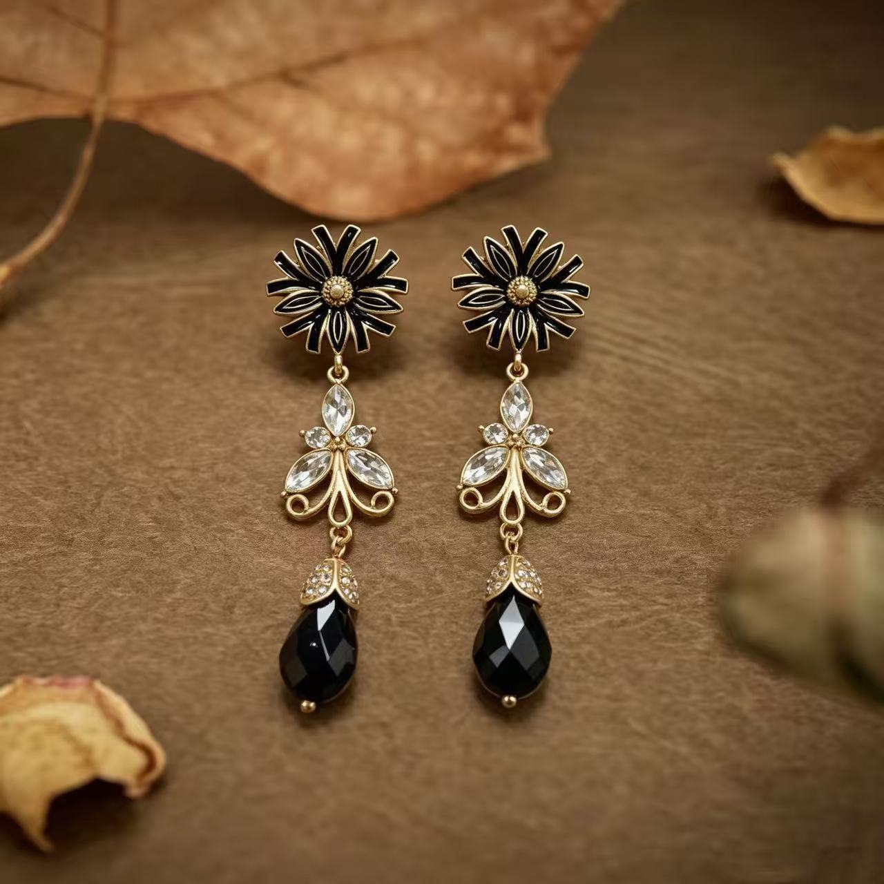 Unisex Flowers Earrings For Stud Featuring Dyed Black Zinc Alloy With Rhinestones And 925 Sterling Silver Ear Pins