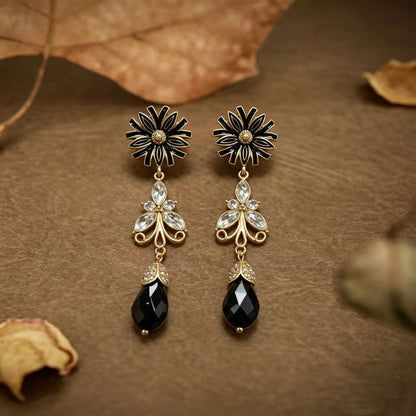 Unisex Flowers Earrings For Stud Featuring Dyed Black Zinc Alloy With Rhinestones And 925 Sterling Silver Ear Pins