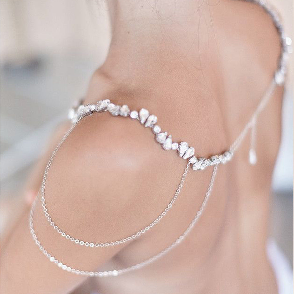 Silver Alloy Women's Body Chain With Water Droplets Pattern And Electroplated Finish, Featuring Rhinestones
