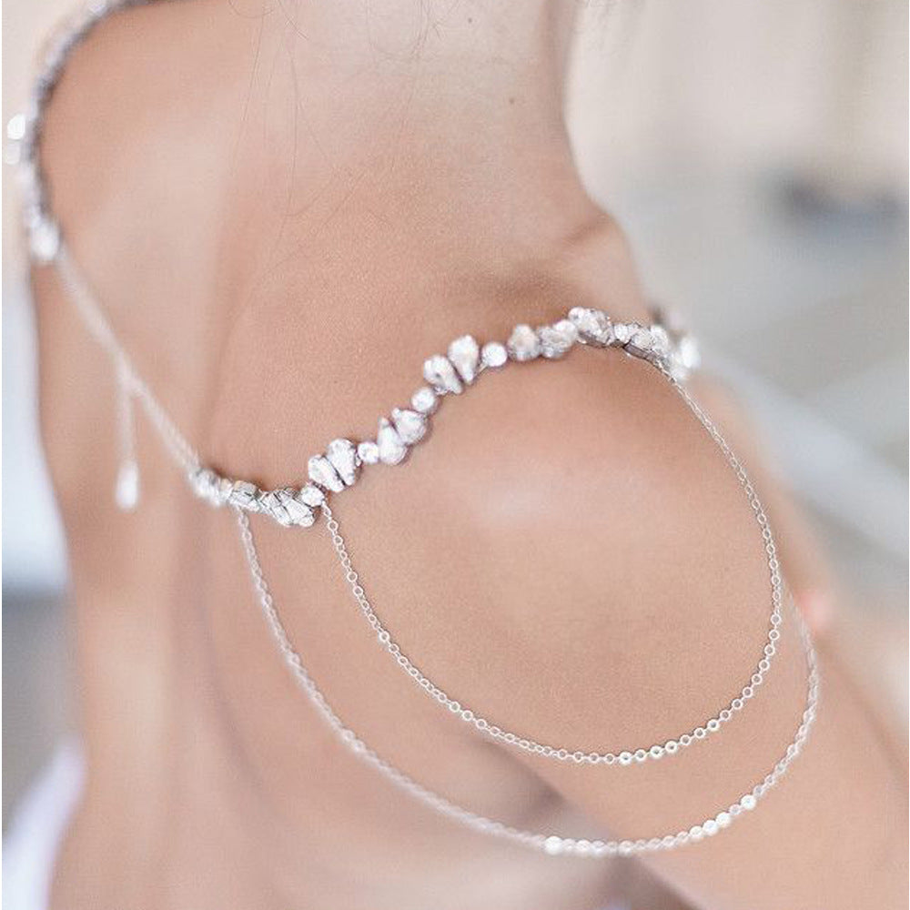 Silver Alloy Women's Body Chain With Water Droplets Pattern And Electroplated Finish, Featuring Rhinestones