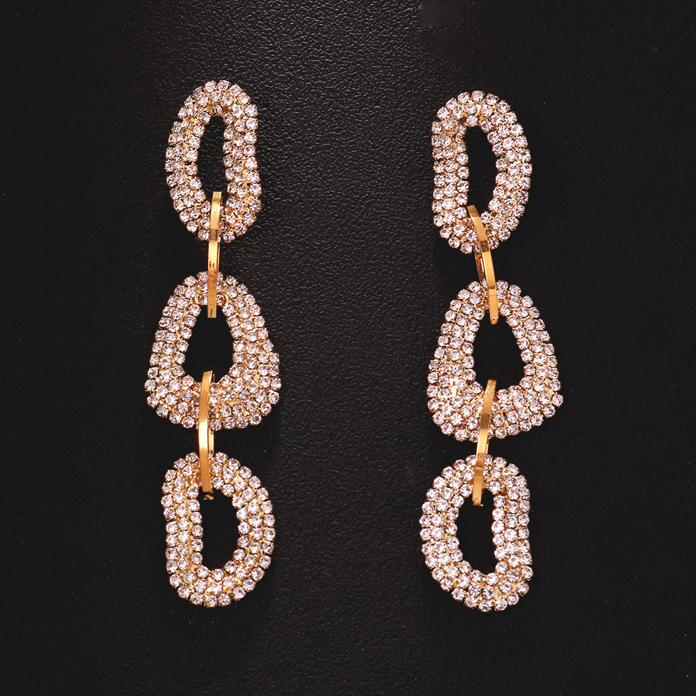 Exaggerated Geometric Gold Earrings For Women With 304 Stainless Steel Posts And Rhinestone Inlay