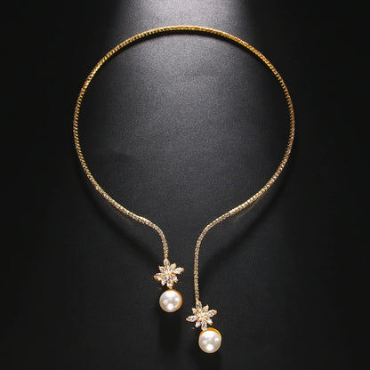 Pearl Choker Necklace For Women In Silver Alloy With Rhinestones And Zircon Inlay