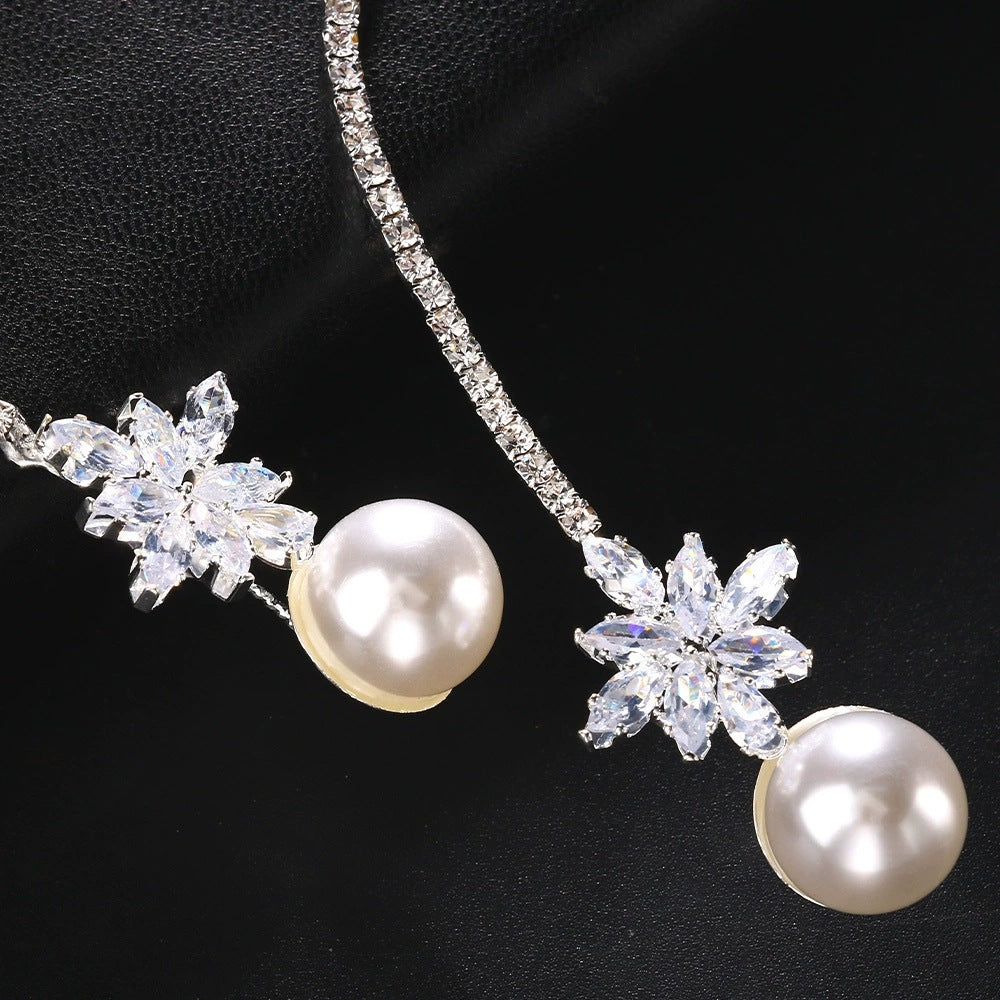 Pearl Choker Necklace For Women In Silver Alloy With Rhinestones And Zircon Inlay