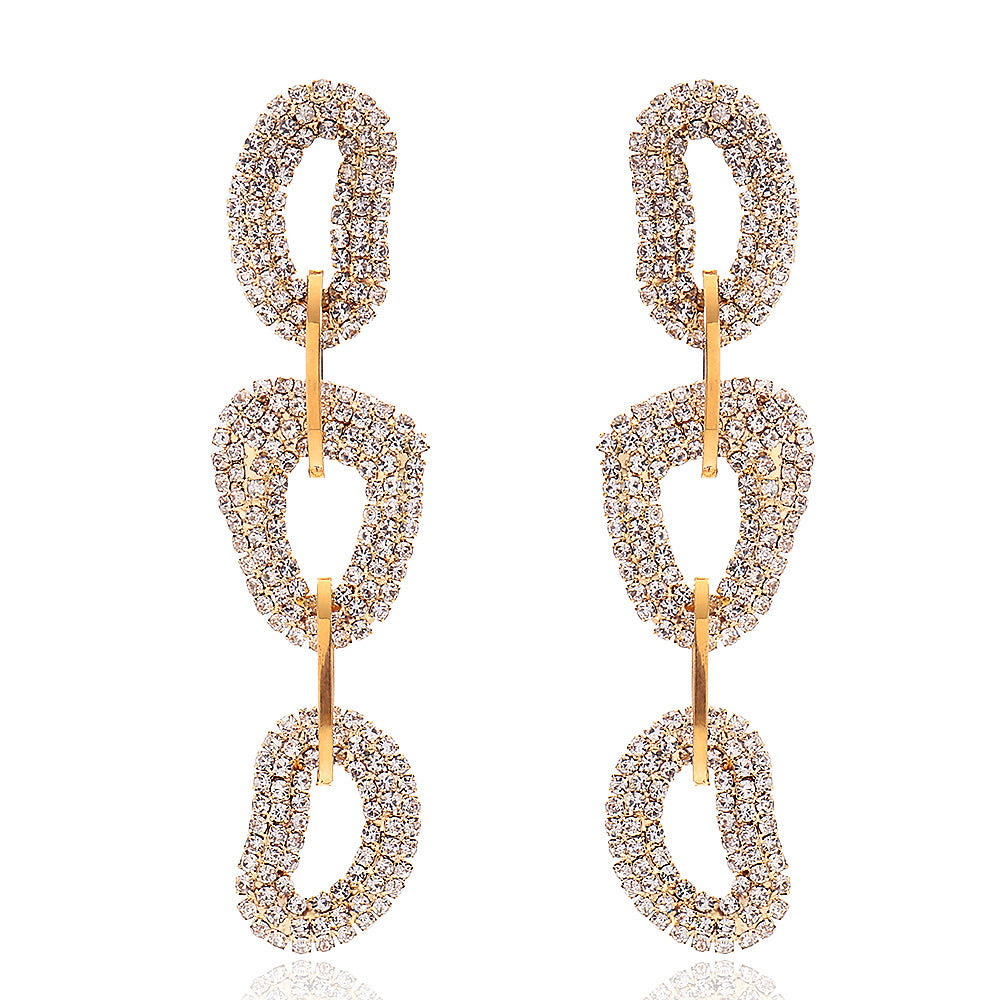 Exaggerated Geometric Gold Earrings For Women With 304 Stainless Steel Posts And Rhinestone Inlay