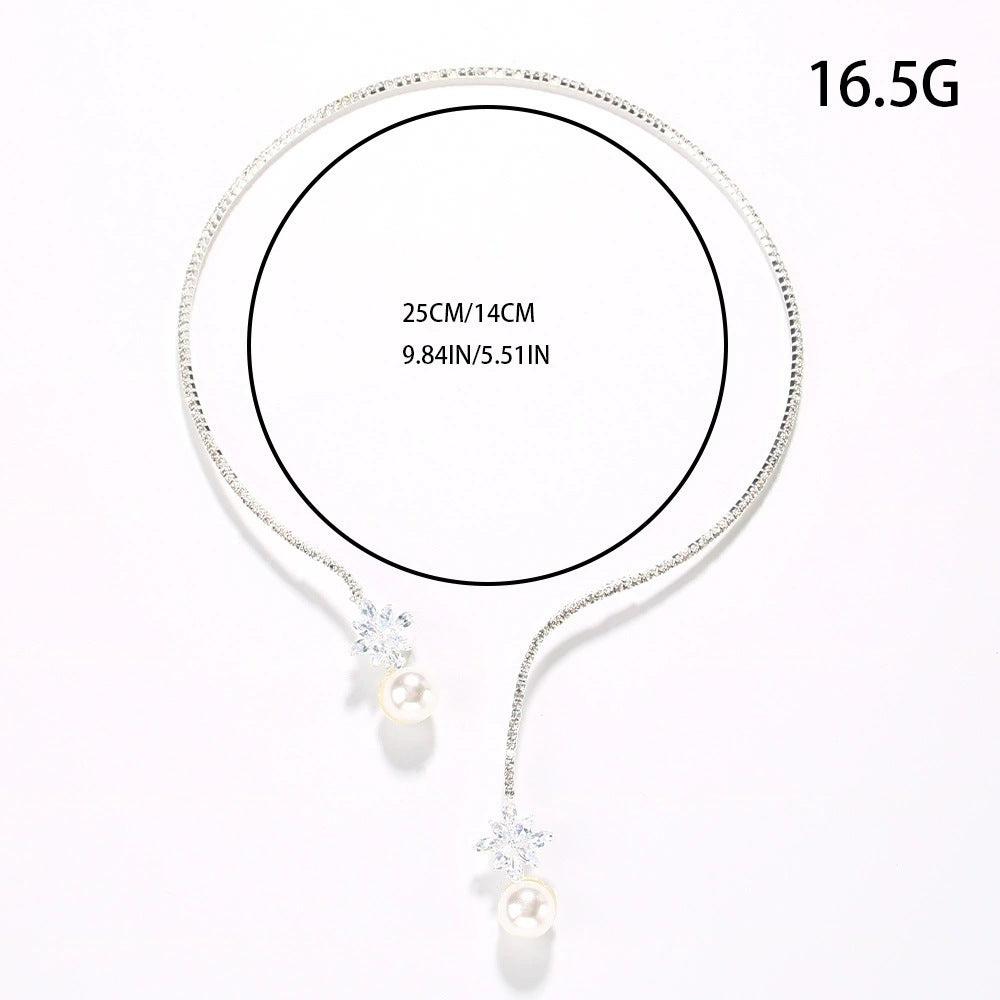 Pearl Choker Necklace For Women In Silver Alloy With Rhinestones And Zircon Inlay