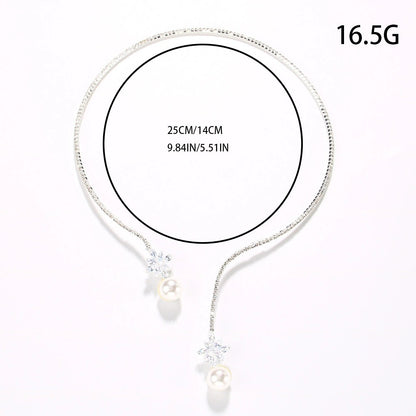 Pearl Choker Necklace For Women In Silver Alloy With Rhinestones And Zircon Inlay