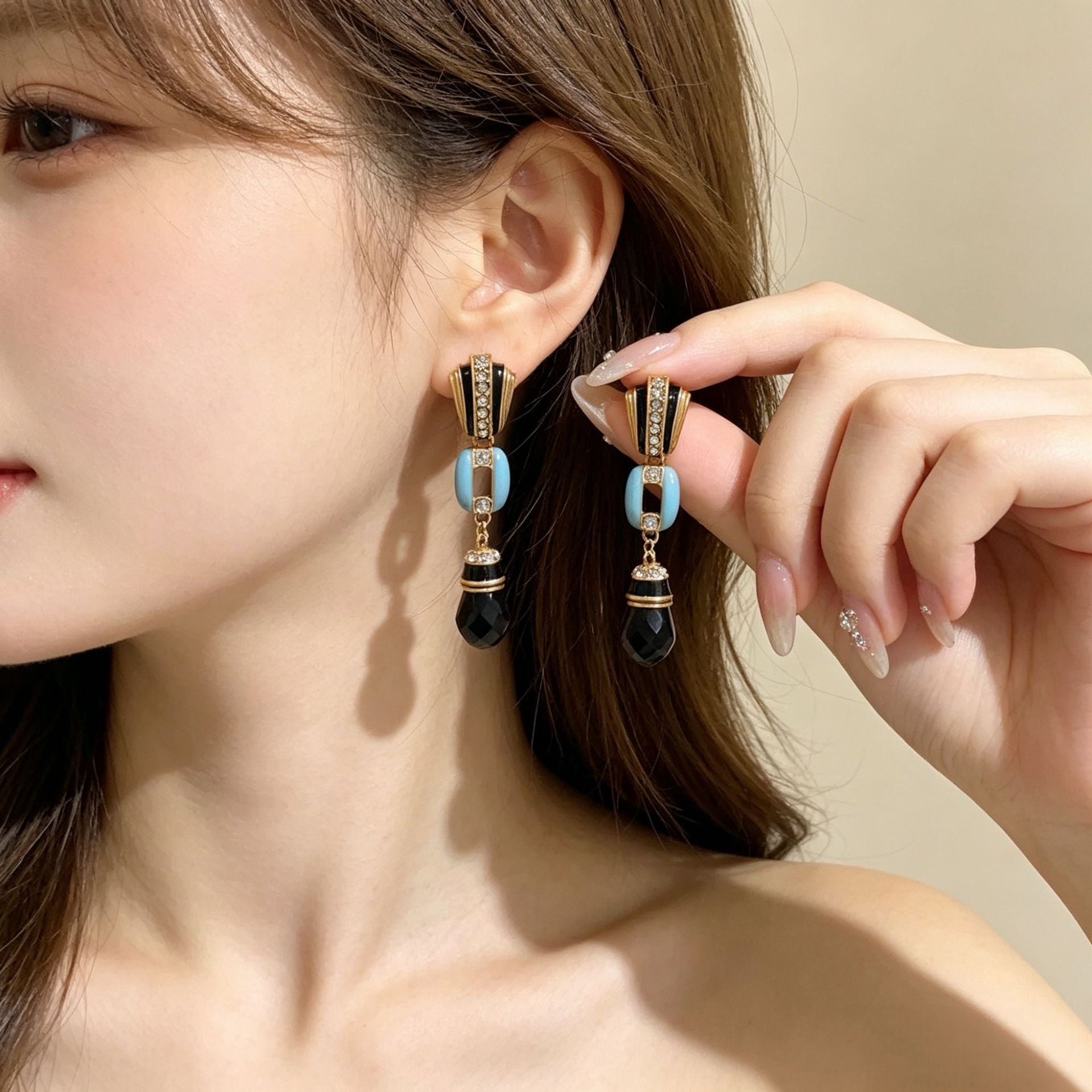 Water Droplets Drop Earrings For Women Featuring Blue Enamel And Rhinestones With 925 Sterling Silver Studs And Zinc Alloy Material