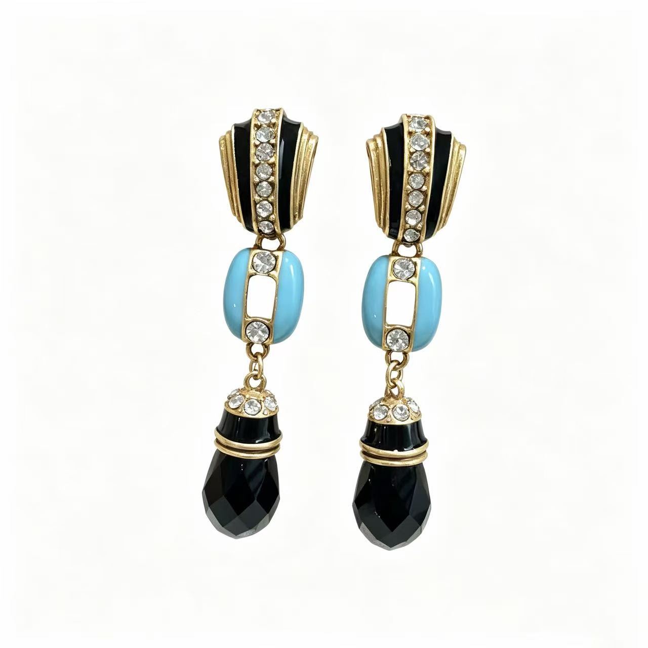 Water Droplets Drop Earrings For Women Featuring Blue Enamel And Rhinestones With 925 Sterling Silver Studs And Zinc Alloy Material