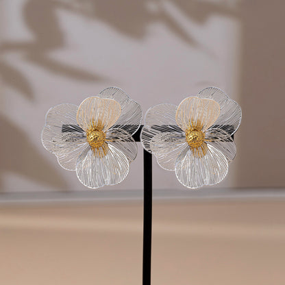 Flowers Stud Earrings With Tassel Pattern, Real Gold Plated Zinc Alloy Featuring Electroplated Craft And Copper Ear Pins