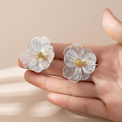 Flowers Stud Earrings With Tassel Pattern, Real Gold Plated Zinc Alloy Featuring Electroplated Craft And Copper Ear Pins