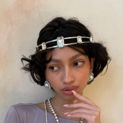 Geometric Jewelry Headband For Women In Silver Metal With Rhinestones, Perfect For Spring