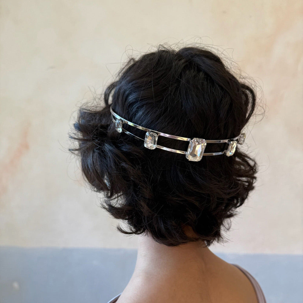 Geometric Jewelry Headband For Women In Silver Metal With Rhinestones, Perfect For Spring