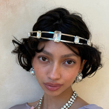 Geometric Jewelry Headband For Women In Silver Metal With Rhinestones, Perfect For Spring