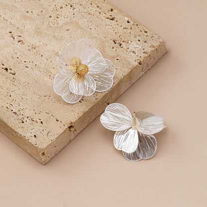 Flowers Stud Earrings With Tassel Pattern, Real Gold Plated Zinc Alloy Featuring Electroplated Craft And Copper Ear Pins
