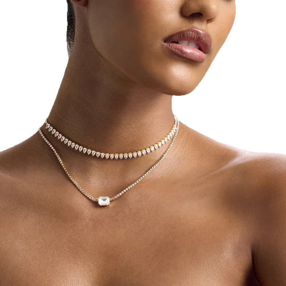 Luxurious Silver Geometric Layered Necklace For Women With Rhinestone Pendant In Alloy