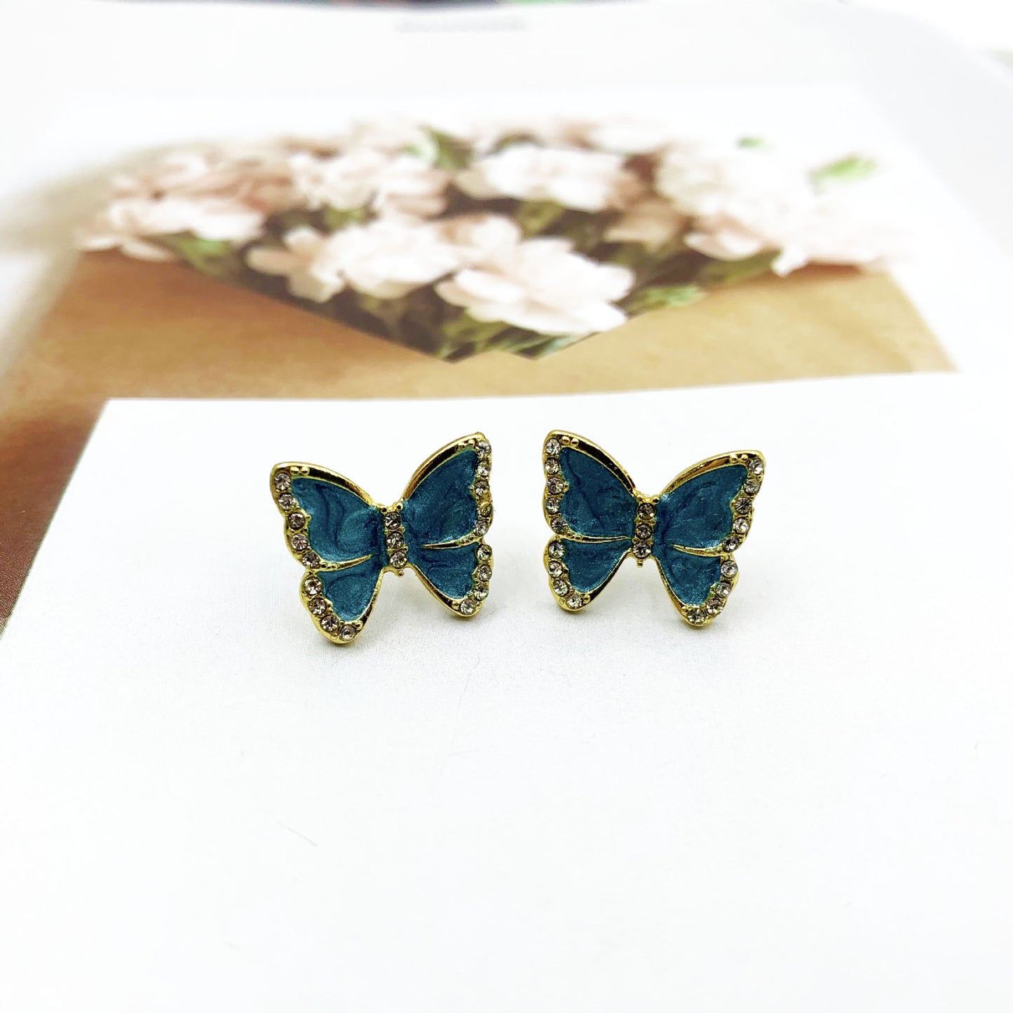 Butterfly Clip Earrings For Women With Green Enamel And Rhinestone Inlay In Alloy