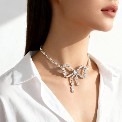 Silver Alloy Bow Tie Choker Necklace With Tassel, Electroplated Finish And Rhinestone Pendant For Women