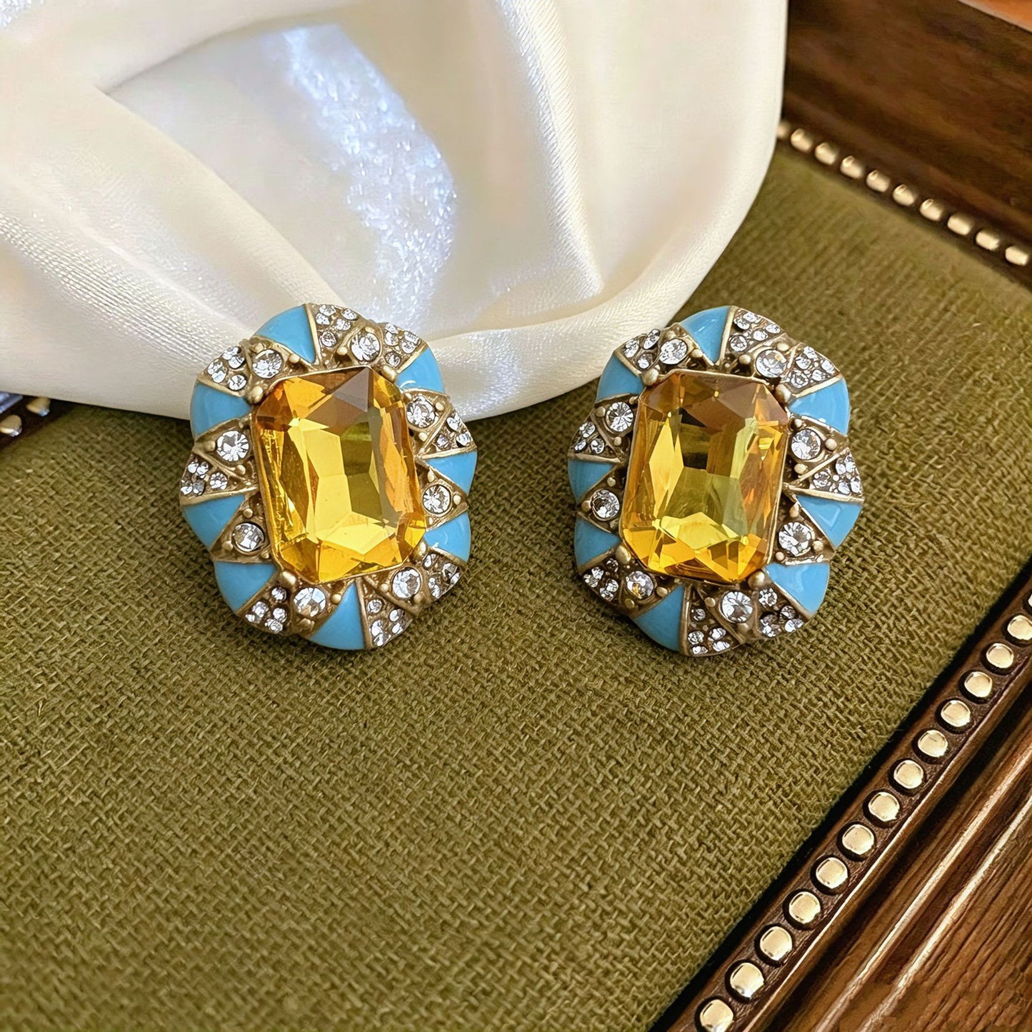 Square Blue Enamel Stud Earrings For Unisex Featuring Zinc Alloy With Rhinestones And 925 Sterling Silver Posts
