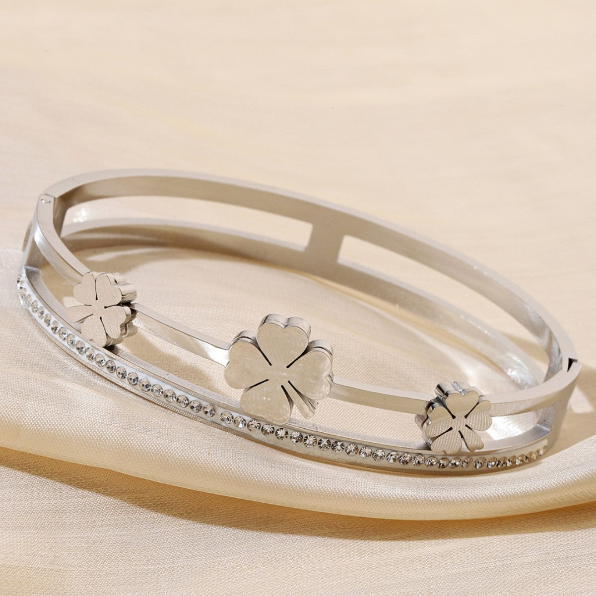 Double Ring Titanium Steel Bangle With Rhinestone Inlay, Electroplated Finish, Simple Style