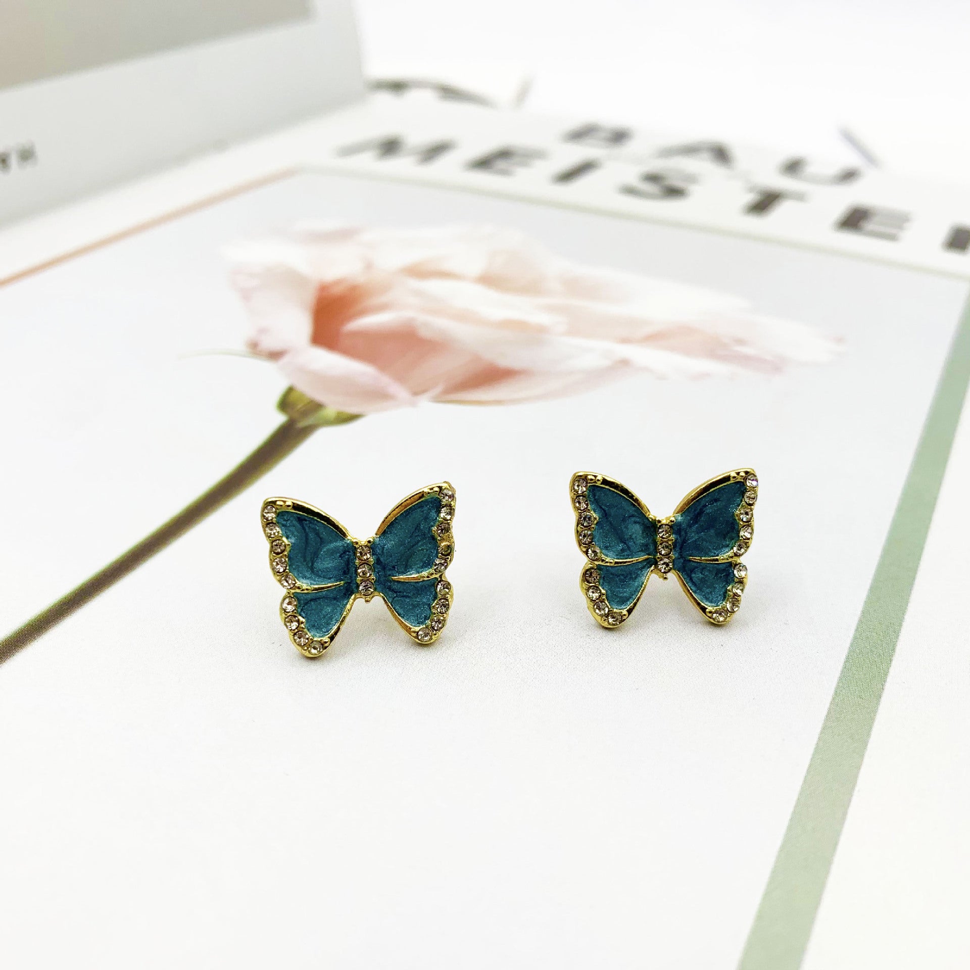 Butterfly Clip Earrings For Women With Green Enamel And Rhinestone Inlay In Alloy