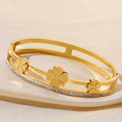 Double Ring Titanium Steel Bangle With Rhinestone Inlay, Electroplated Finish, Simple Style