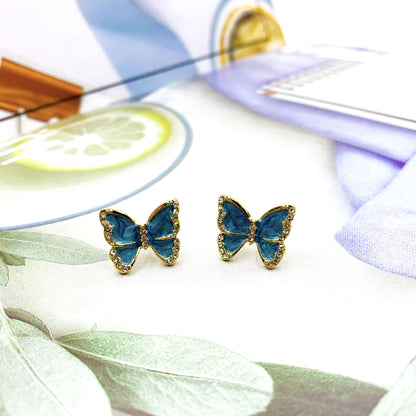 Butterfly Clip Earrings For Women With Green Enamel And Rhinestone Inlay In Alloy
