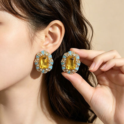 Square Blue Enamel Stud Earrings For Unisex Featuring Zinc Alloy With Rhinestones And 925 Sterling Silver Posts
