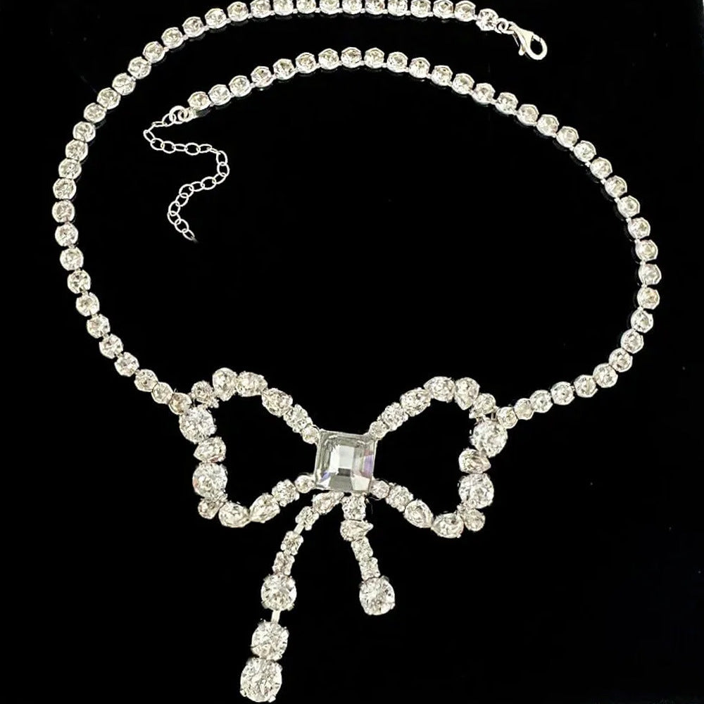 Silver Alloy Bow Tie Choker Necklace With Tassel, Electroplated Finish And Rhinestone Pendant For Women