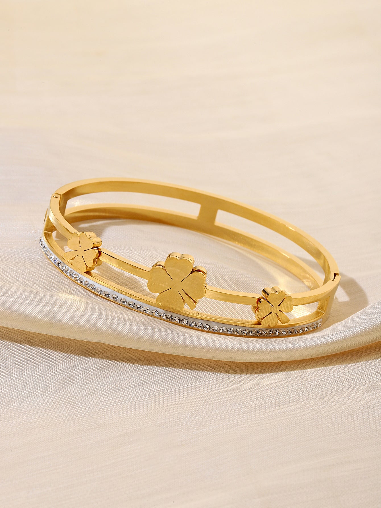 Double Ring Titanium Steel Bangle With Rhinestone Inlay, Electroplated Finish, Simple Style