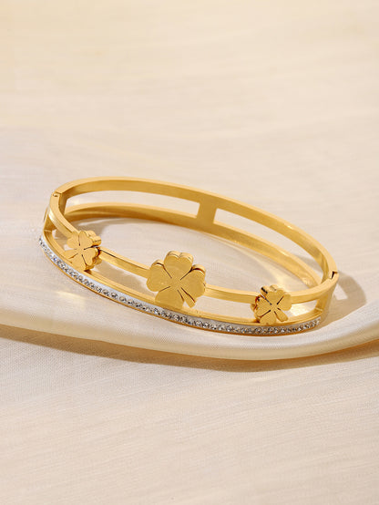 Double Ring Titanium Steel Bangle With Rhinestone Inlay, Electroplated Finish, Simple Style