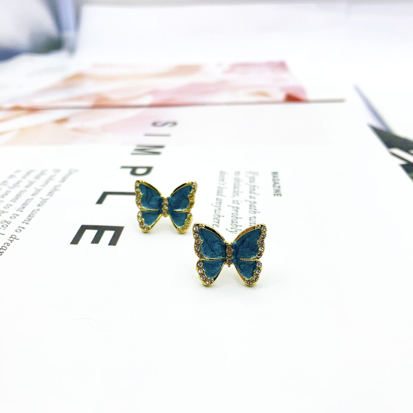 Butterfly Clip Earrings For Women With Green Enamel And Rhinestone Inlay In Alloy