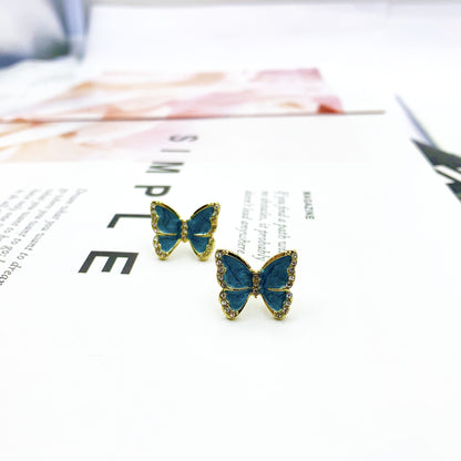 Butterfly Clip Earrings For Women With Green Enamel And Rhinestone Inlay In Alloy