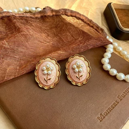 Natural Pink Enamel Flowers Stud Earrings For Unisex Featuring 925 Sterling Silver Ear Pins And Zinc Alloy Material